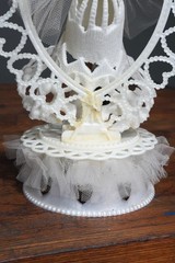 Vintage Art Deco Wedding Topper Sugar Sculpture Groom Bride Bell Lace Stand
