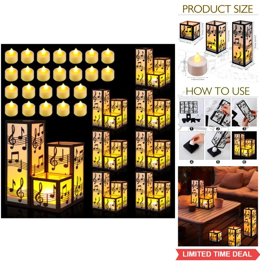 24 Music Note Party Table Centerpieces Paper Lantern Boxes 3 Sizes LED Tealights