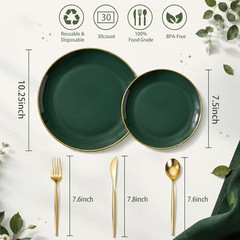I00000 150Pcs Green Plastic Plates with Gold Rim, Fancy Disposable Green Gold