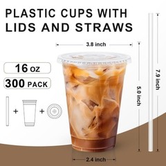 300 Pack Clear Plastic Cups with Lids and Straws 16 OZ – 300 Pack