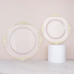 10 CLEAR GOLD 10″ Round Plastic Salad Dinner PLATES Embossed Baroque Rim Party