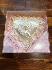 Ring Bearer Pillow Heart Lace Satin Ribbon Ceramic Flower Floral w/ Box