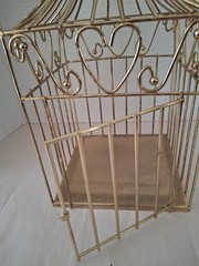 Gold Finish Metal Heart Bird Cage+Adj Hanging Chain Wedding Card Holder Planter