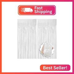 JEBUTU White Foil Fringe Backdrop Curtain 2 Pack 3.3×8.2 Ft, White Tinsel Stream
