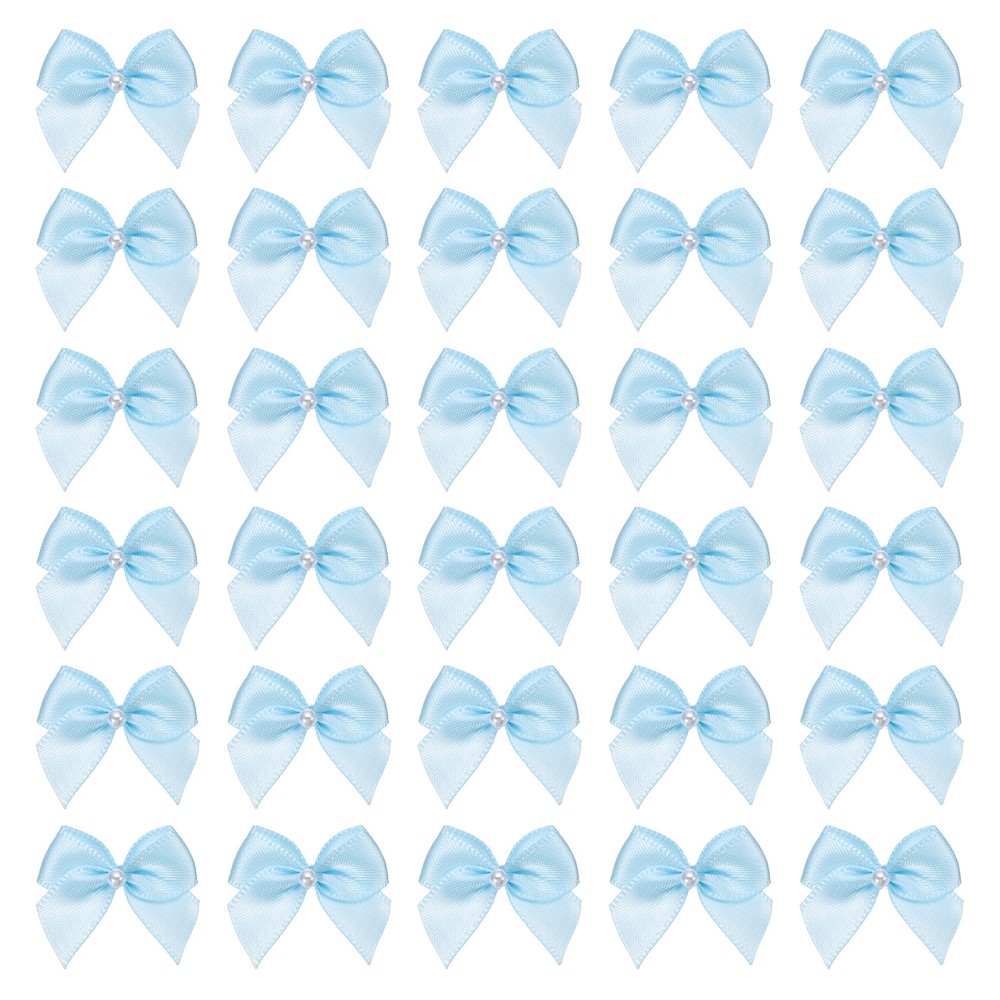 100 Pcs Mini Blue Ribbon Bows with Pearl 1″ Ribbon Flowers Appliques
