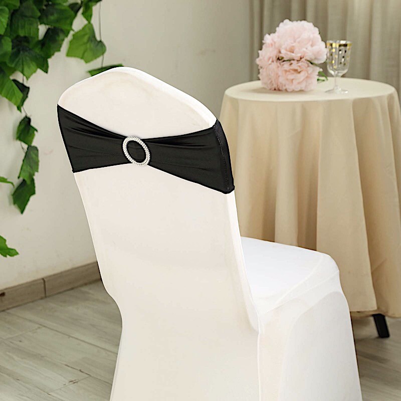 10 Black Metallic Spandex Chair Sashes with Silver Buckles Wedding Decorations
