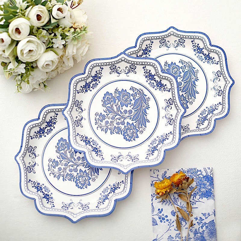 25 WHITE 8″ Paper Dessert PLATES BLUE Floral Print Scalloped Rim Party Events