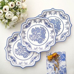 25 WHITE 8″ Paper Dessert PLATES BLUE Floral Print Scalloped Rim Party Events
