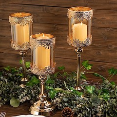 3 ANTIQUE GOLD Lace Design Metal Glass Votive CANDLE HOLDERS Centerpieces Party