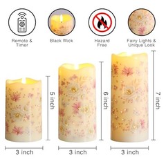 Fiber Optic Flameless Candles with Remote, Pink Floral Φ 3″ x H 5″ 6″ 7″