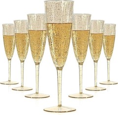 Oojami 6 Oz Gold Glitter Plastic Champagne Glasses 24 Pack 6 oz,