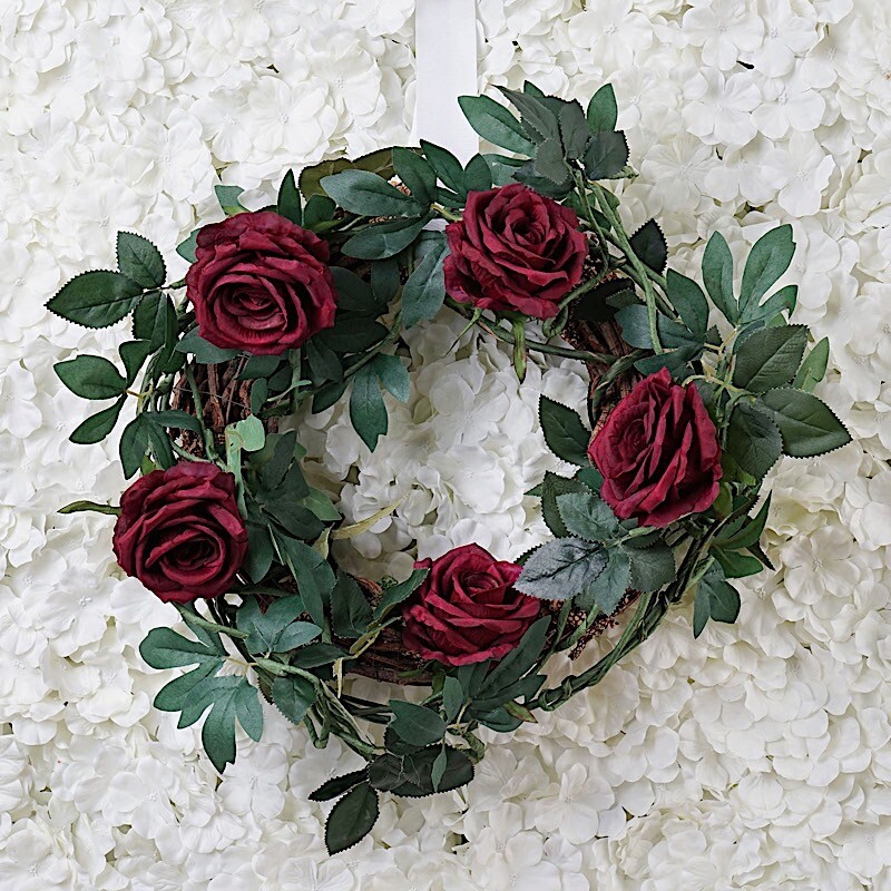 6 ft long 5 BURGUNDY Silk Large Rose Flowers Garland Leaves Bendable Wire Vines