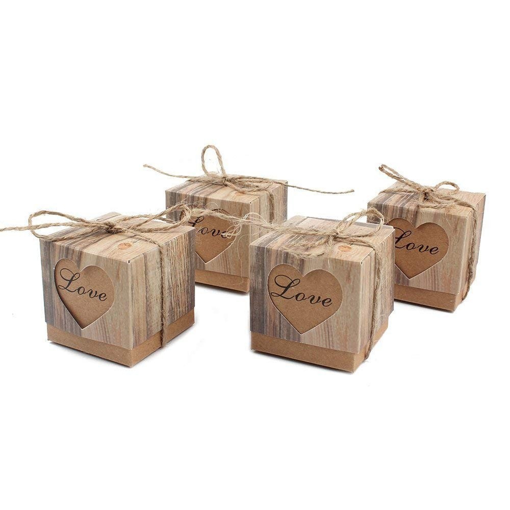 Vintage Kraft Candy Favor Boxes with Burlap Twine 50PCS Love Heart Imitation