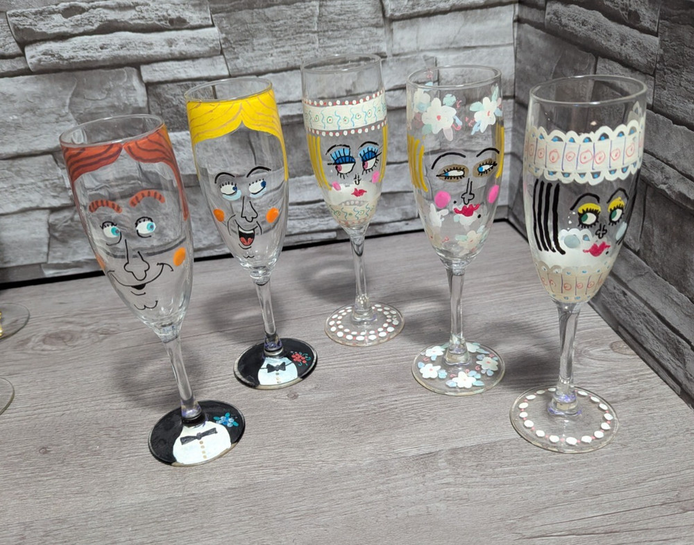 Set Lot of 5 Hand Painted Art 7.25″ Glass Champagne Flutes Wedding People Larry