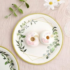 24 White 9″ Round Paper Plates Eucalyptus Geometric Gold Rim Design Party Events