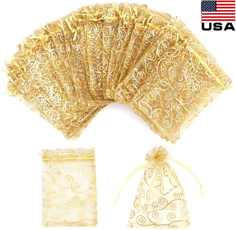 100x Gold Sheer Organza Bags 4×5 Inch Mesh Jewelry Favor Drawstring Gifts Bags