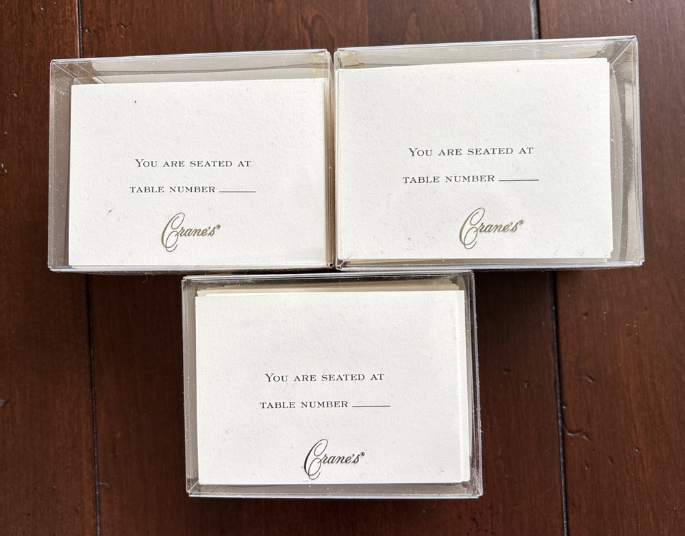 3 New Sets Of 25 Ecru Crane Table Seating Place Cards & Envelopes Block Font