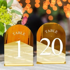 Arch Wedding Table Numbers 1-20 with Stands – 5″ X 7″ Acrylic Mirrored Gold T…