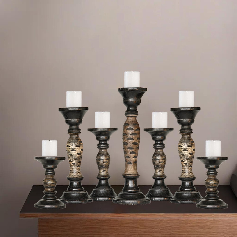 Eco-friendly Handmade Traditional Mango Wood Set Of Seven Pillar Candle Holder