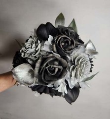 Silver Black Rose Calla Lily Sola Wood Bridal Wedding Bouquet Accessories