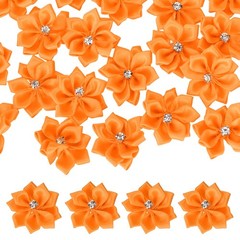 100Pcs Ribbon Flowers 1.2″ Fabric Flowers with Rhinestones Orange