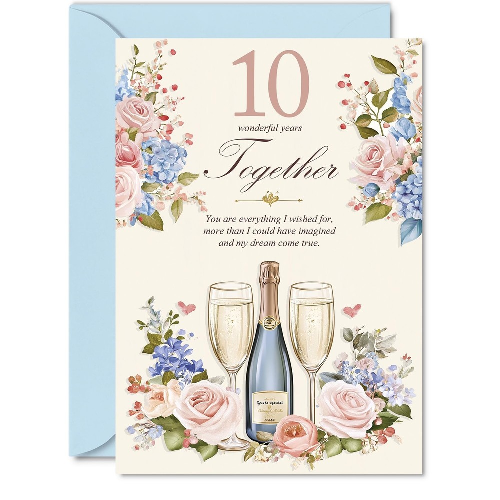 10th Anniversary Card for Men Women – Floral Champagne – Happy 10 Year Annive…
