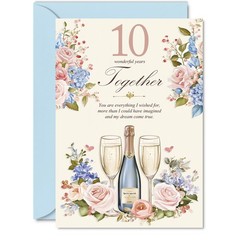 10th Anniversary Card for Men Women – Floral Champagne – Happy 10 Year Annive…