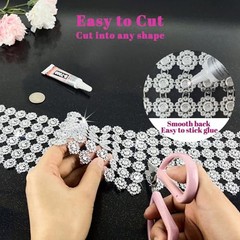 Flower Rhinestone Ribbon, 4In X 3Yards 6Rows Rhinestone Mesh Fabric, Bling