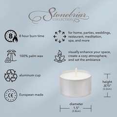 Stonebriar 100 Pack Unscented 8 Hour Extended Burn Time Tea Light Candles, White
