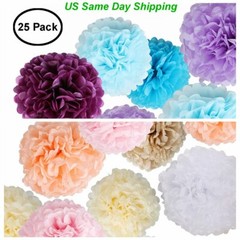 25 Pcs Paper Flowers Pom Poms Fluffy Tissue Hanging Party Décor 8″/10″/12″/14″