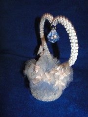 New White Pearl & blue bead Heart with tulle & white floral Wedding CakeTop 416