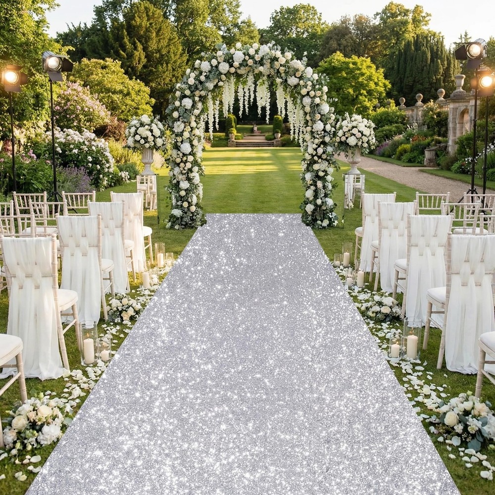 Wedding Aisle Runner: 4FT×15FT Sequin Fabric – Silver Sparkly Carpet Runner