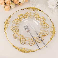 10 Round 8″ CLEAR GOLD Baroque Plastic Salad Dinner PLATES Party Decorations
