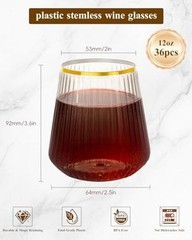 Pack 12oz Stemless Plastic Wine Glasses – Clear Ribbed Cups 36 Clear and Gold
