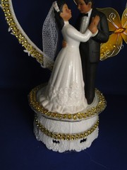 New Medium Dark skin Bride & Groom Wedding CakeTop, gold decor & heart, #341