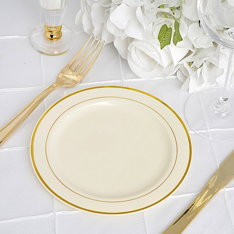 Plastic IVORY with Gold Rim 6″ PLATES Disposable Party Wedding WHOLESALE