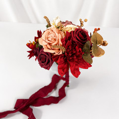 Burgundy Gold Mauve Pink Silk Rose Dahlia Bridal Bouquet Boutonniere Wedding Set