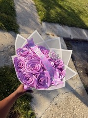 Artificial Purple & White Rose Flower Bouquet Bunch with Wrap, Ribbon & Tiara