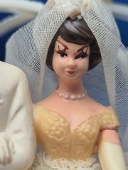 Bride & Groom 1950’s Wedding Cake Topper Lace Fabric Tulle Doves Rings