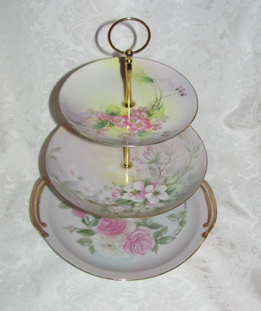 Custom Three Tier Tea Party Cake Stand Made With Vintage Hand Painted Plates