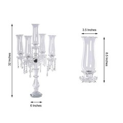 32″ Clear 5 Arm Crystal Glass Candelabra Hurricane Taper Candle Holder