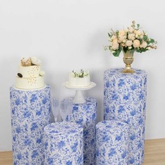 5 WHITE BLUE Fitted Spandex Cylinder Display Stand Covers with Floral Print