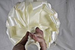 Handmade Satin Rose Ribbon Wedding Bouquet Artificial Bridal Pearls Beads Ivory