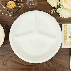 50 Round 10″ White 3-Compartment Sustainable Bagasse Dinner Plates Party Events