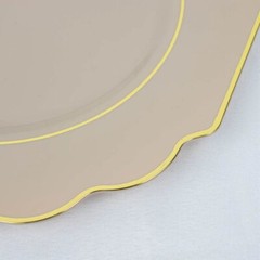 10 Taupe 12″ Baroque PLASTIC DINNER PLATES with Gold Rim Party Event Decorations