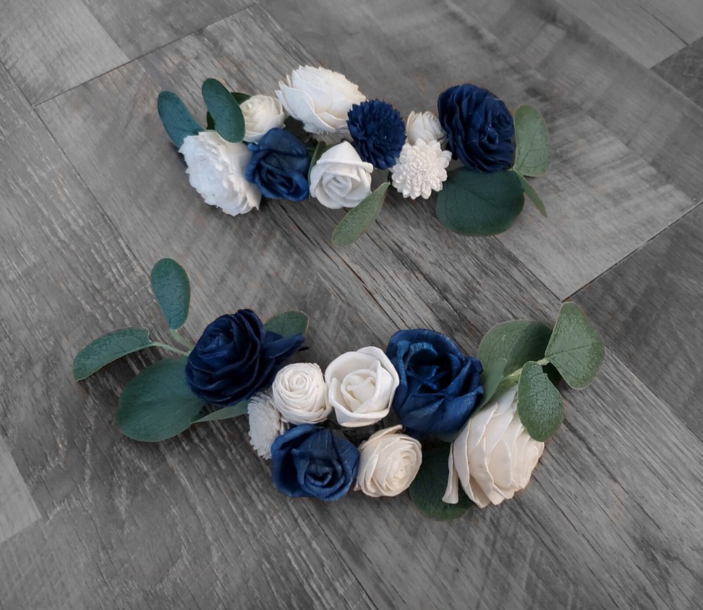 2PC Navy Blue Wedding Cake Flower Topper White Garland Reusable Sola Wood Decor