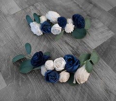 2PC Navy Blue Wedding Cake Flower Topper White Garland Reusable Sola Wood Decor