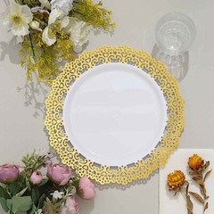 10 WHITE 10″ Round Plastic Salad Dinner PLATES Gold Lace Rim Party Decorations