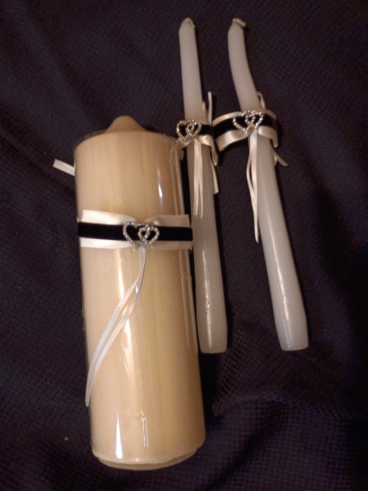 Wedding Unity Candle Set W/ Beautiful Black & White Ribbon And Rhinestone Accent