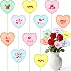 12 Pcs Valentine’s Day Decorative Picks Double-Sided Conversation Heart Plant